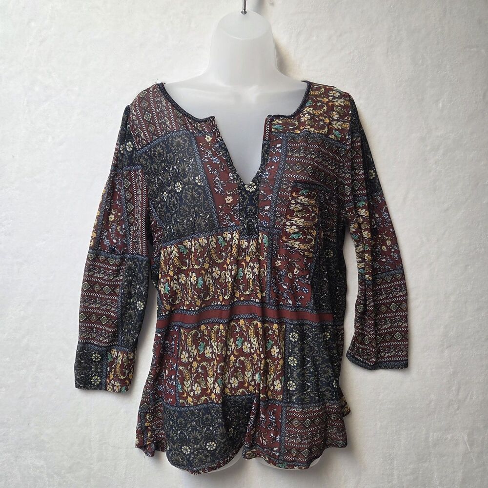 Eden & Olivia Womens Sz M Top 3/4 Sleeve Patchwork Silhouette Tunic Sheer Boho